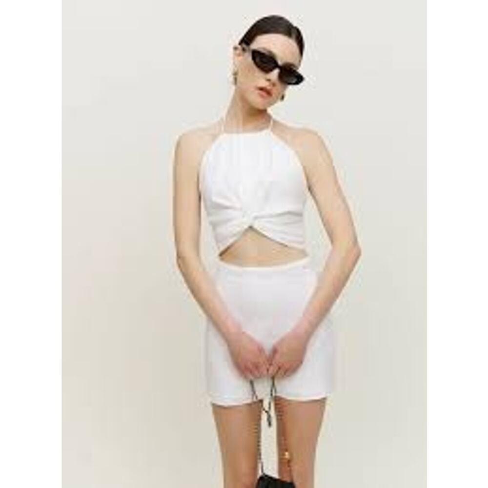 REFORMATION Meri 100% Linen Halter Crop Top Size 2 Backless Open Back White XS